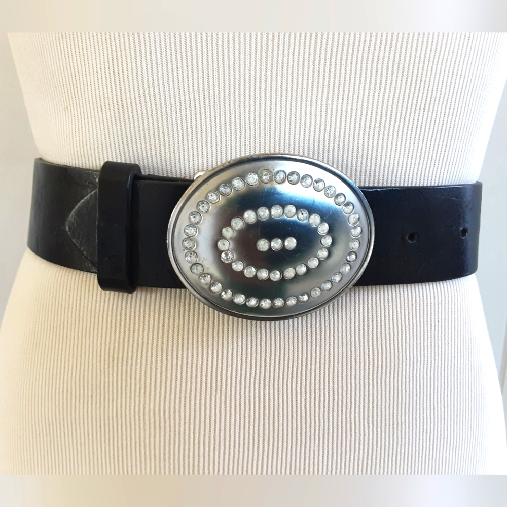 OLD NAVY Italian Black Leather Oval Silver Tone Rhinestone Buckle Belt
